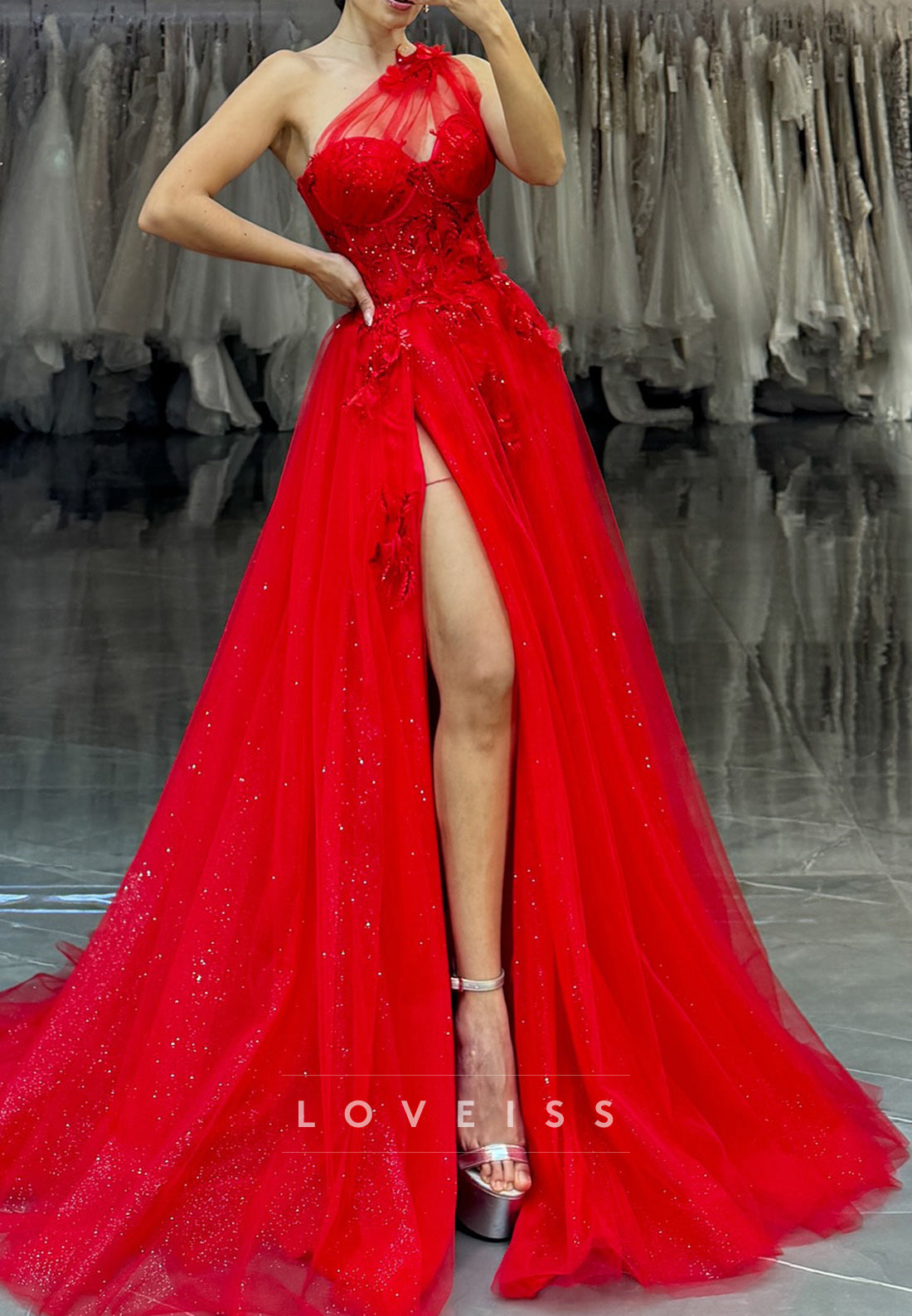 One Shoulder Sleeveless Floral Appliques A-Line Prom Dress