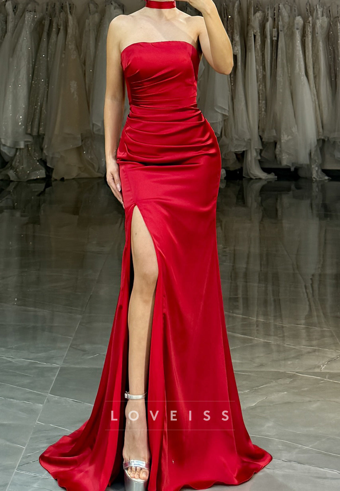 Straight Across Sleeveless Side Slit Mermaid Evening Dress