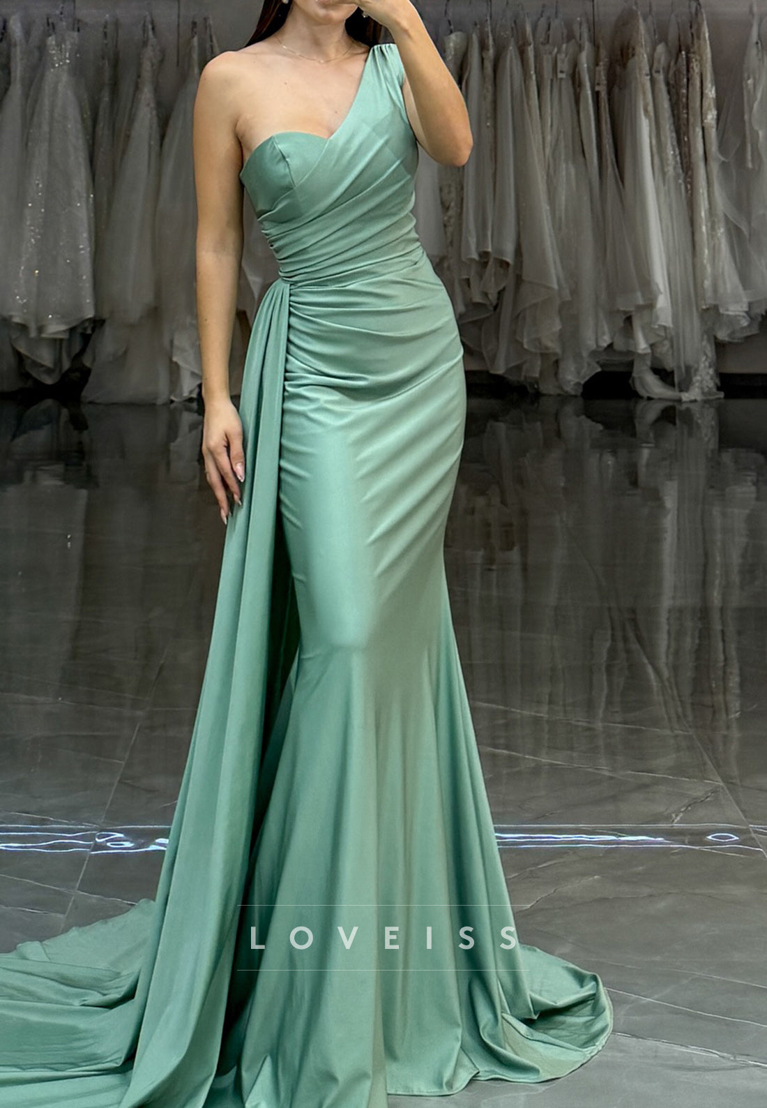 One Shoulder Sleeveless Pleated Sleek Mermaid Simple Formal Dress