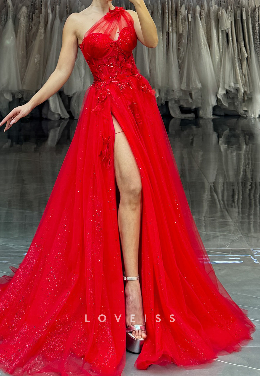 One Shoulder Sleeveless Floral Appliques A-Line Prom Dress