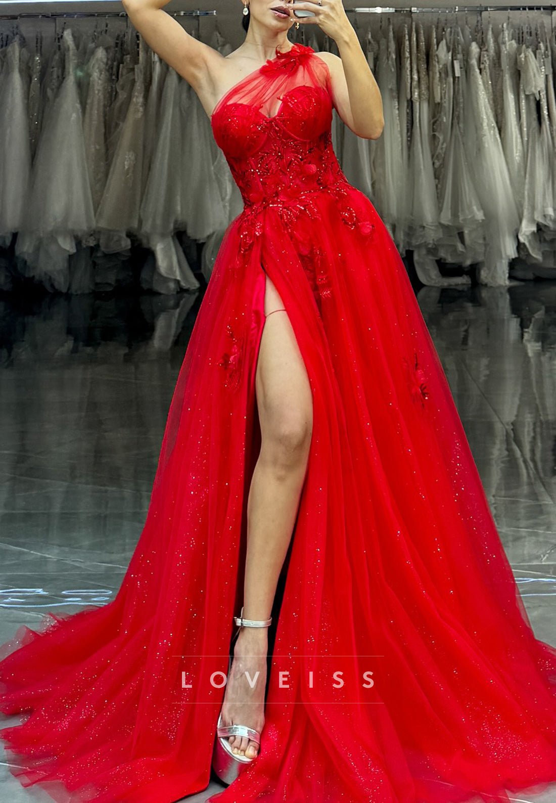 One Shoulder Sleeveless Floral Appliques A-Line Prom Dress