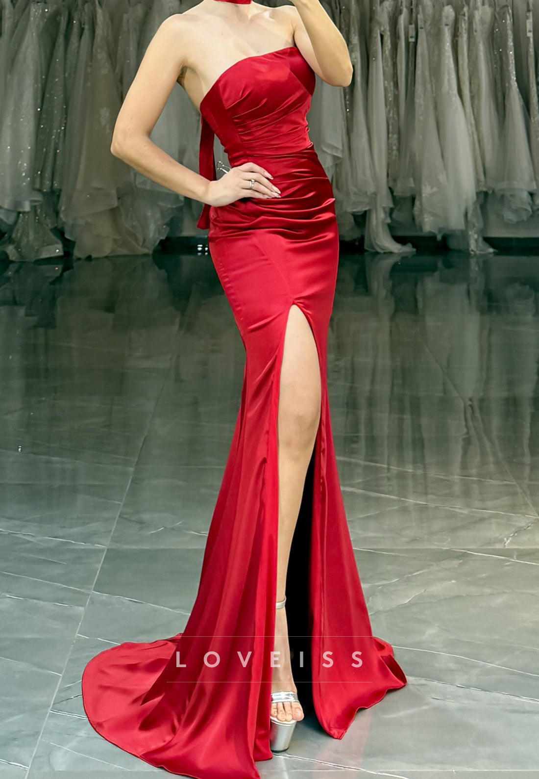 Straight Across Sleeveless Side Slit Mermaid Evening Dress