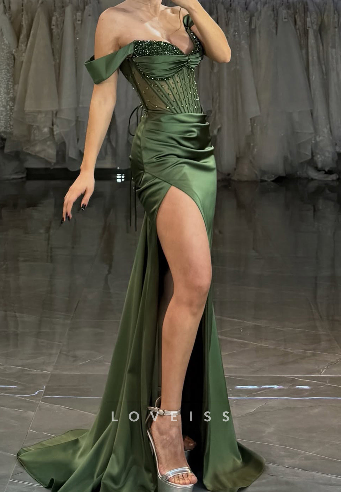 Off-Shoulder Sleeveless Beaded Sequins Pleated Side Slit Sheath Prom Dress