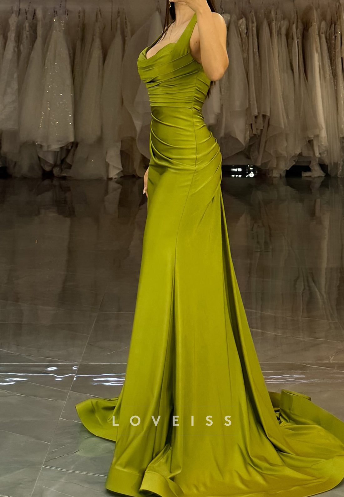 V-Neck Straps Pleated Side Slit Mermaid Simple Prom Dress