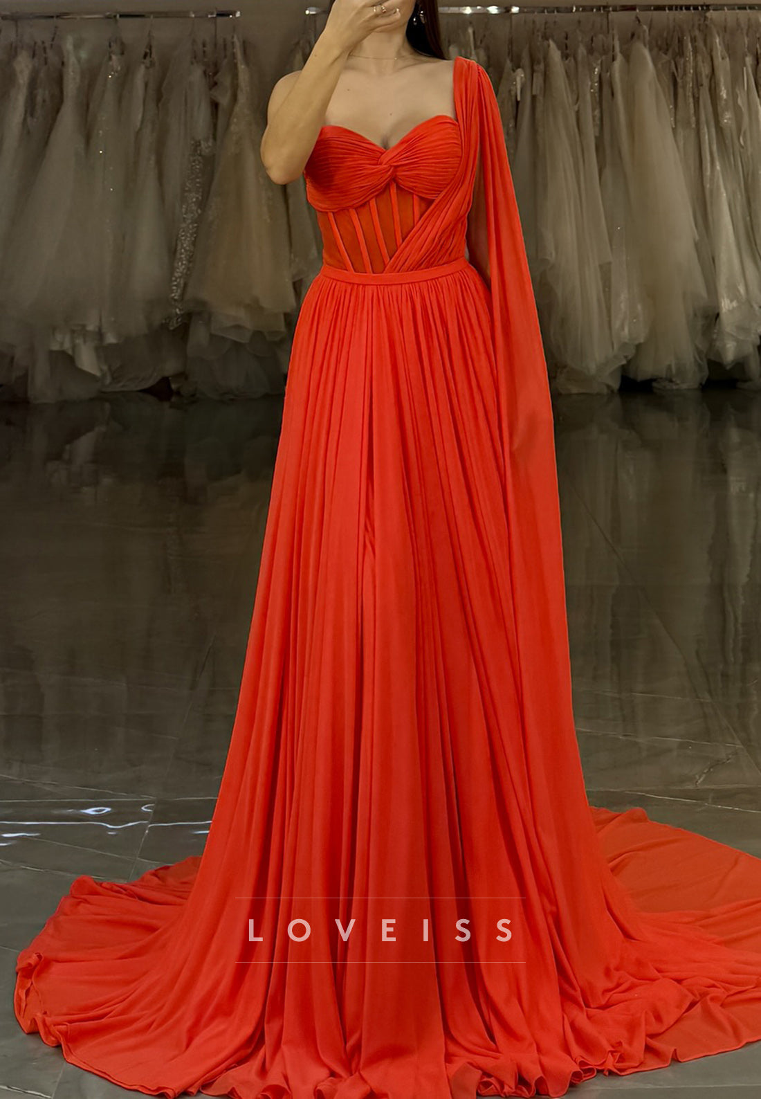 One Shoulder Sleeveless Chiffon Pleated A-Line Prom Dress