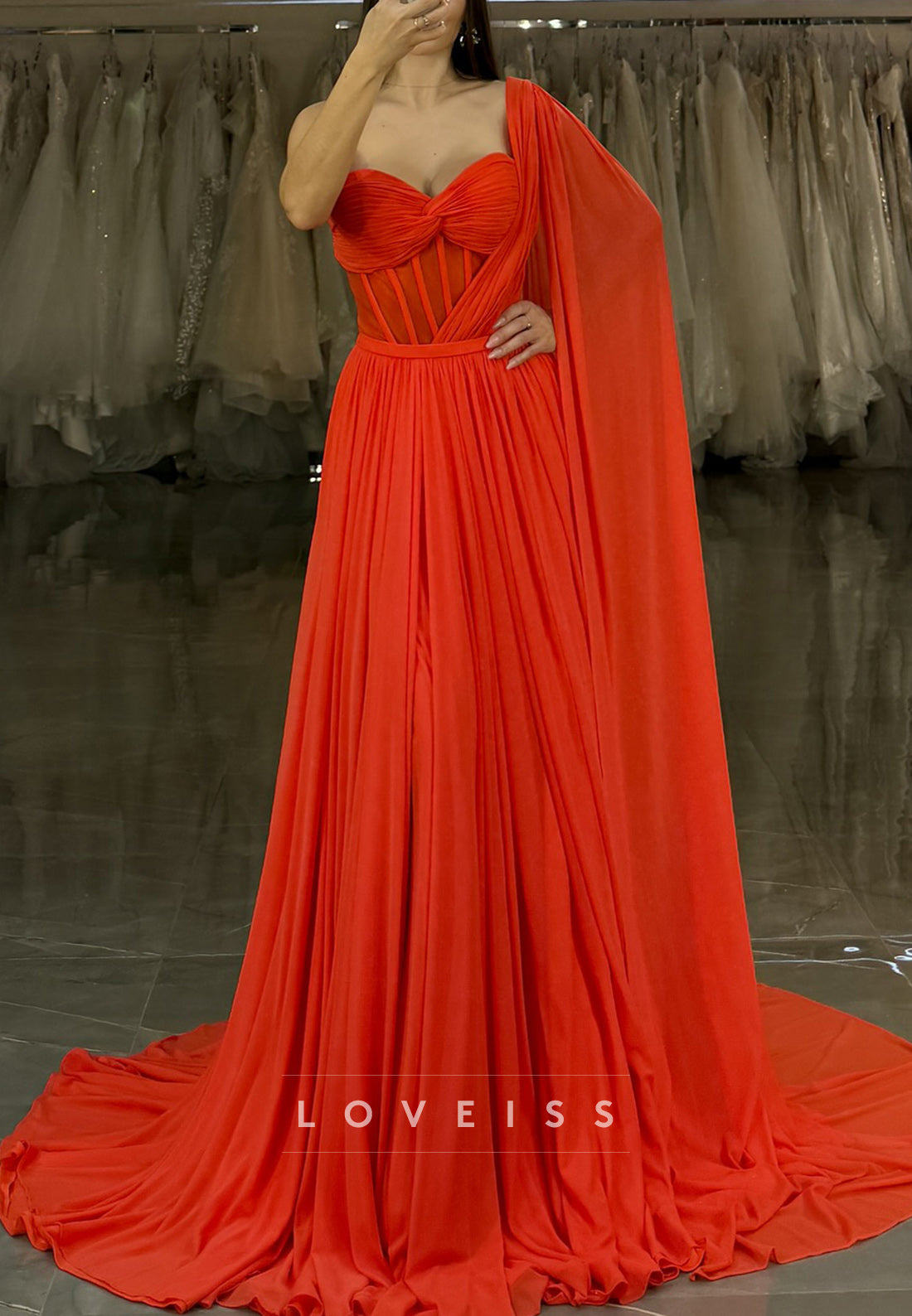 One Shoulder Sleeveless Chiffon Pleated A-Line Prom Dress
