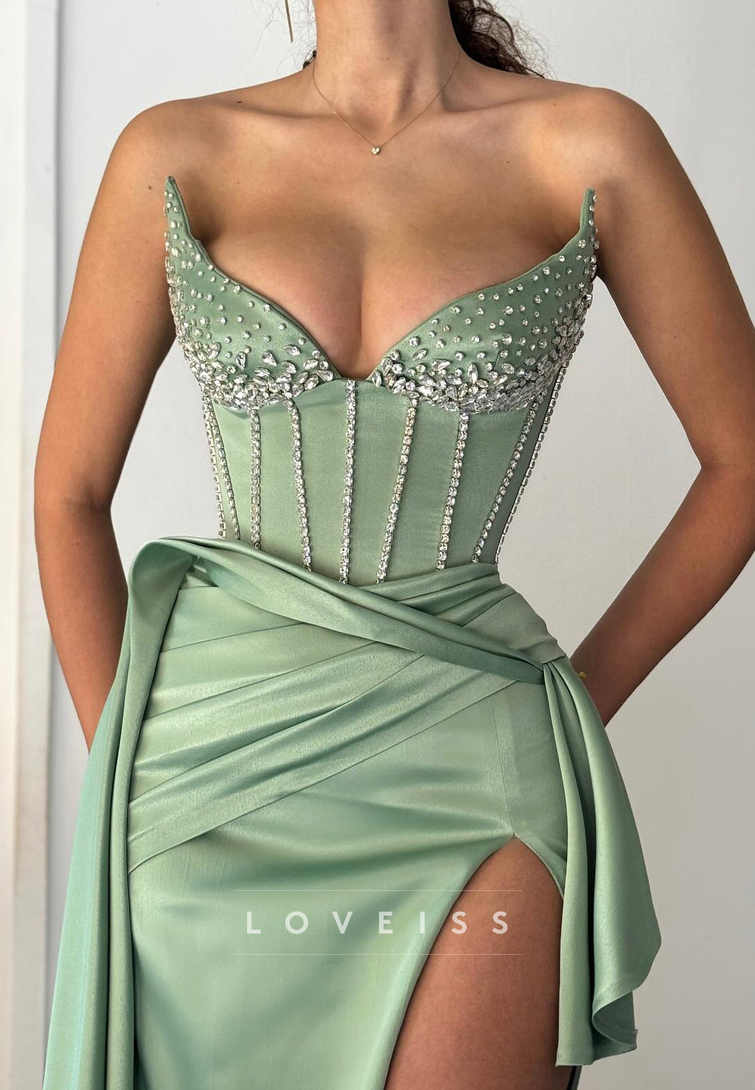 V-Neck Strapless Beaded High Slit Pleated Sheath Prom Dress