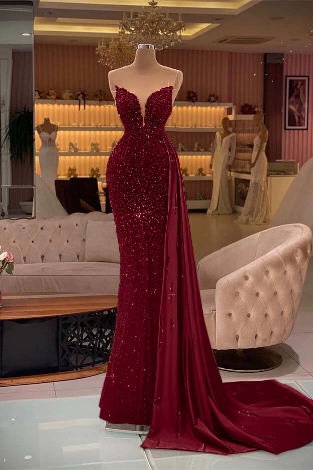 Lussooy Blue Strapless Beautiful Slit Mermaid Prom Dress With Beadings