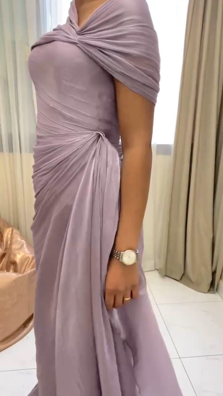 Elegant Lilac Draped Evening Dress with Cape