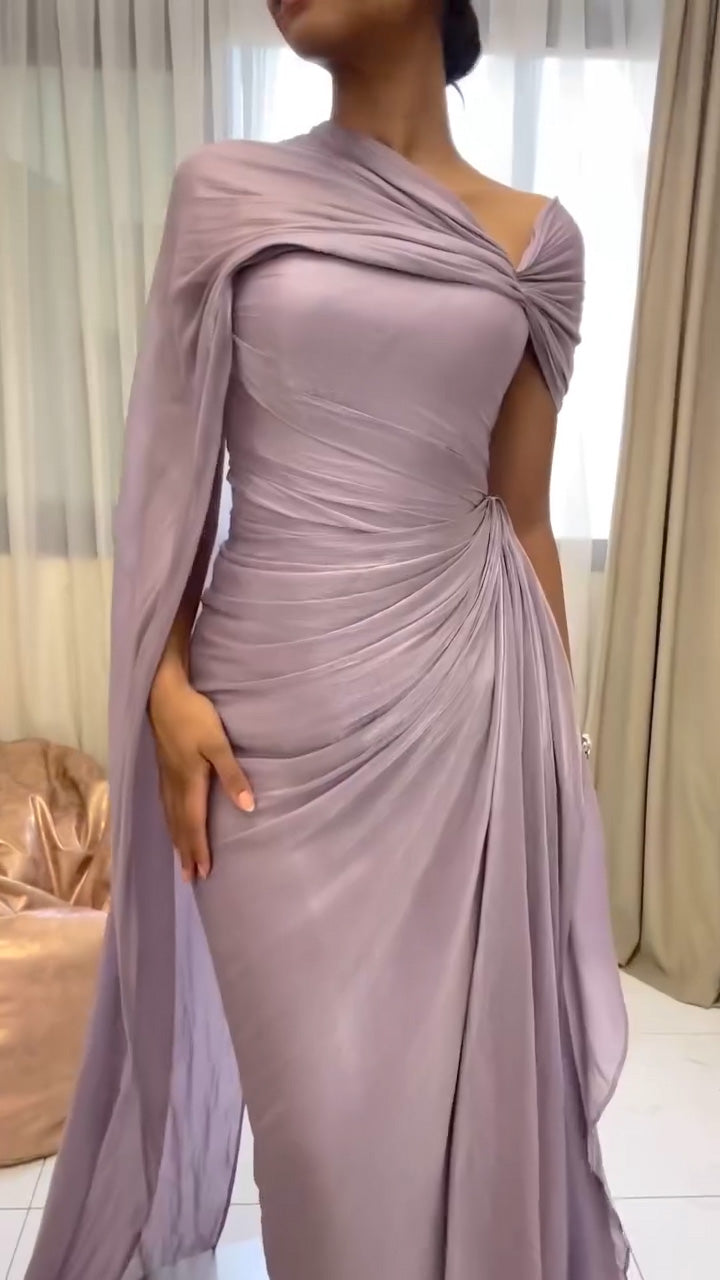 Elegant Lilac Draped Evening Dress with Cape