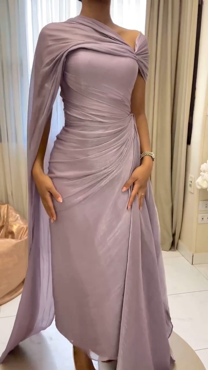 Elegant Lilac Draped Evening Dress with Cape
