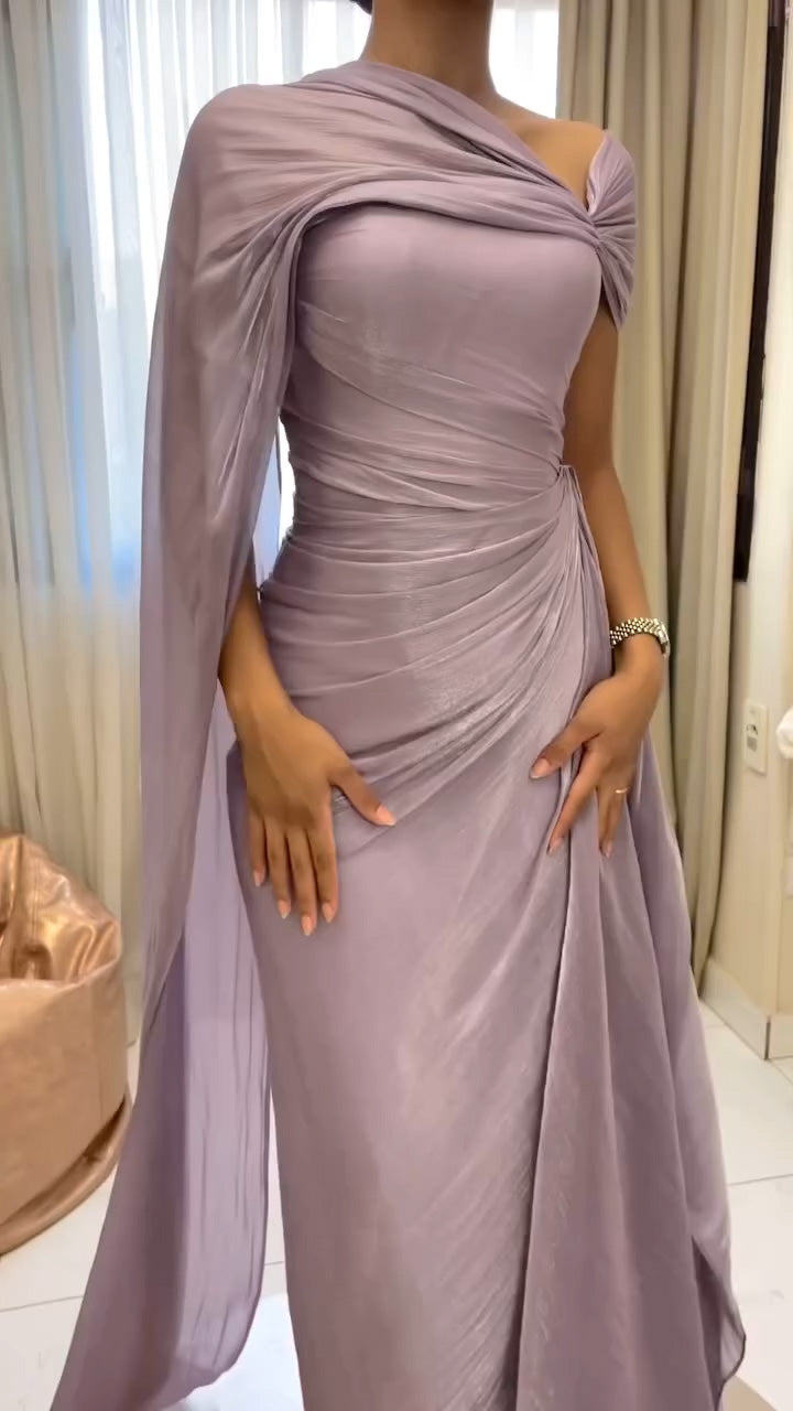 Elegant Lilac Draped Evening Dress with Cape