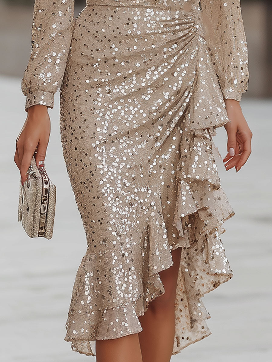 Elegant Shimmering Dress With Ruffle Hem – Perfect For Any Event