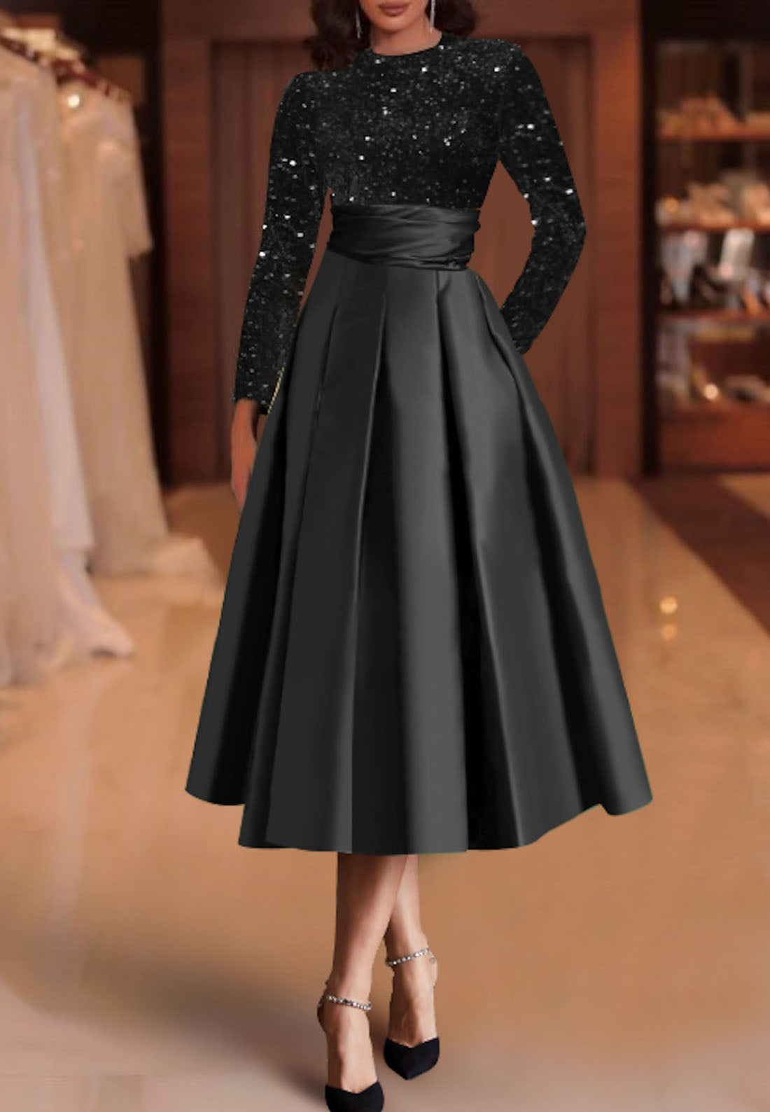 A Line High Neckline Sequins Long Sleeves Mother of the Bride Dress with Pockets