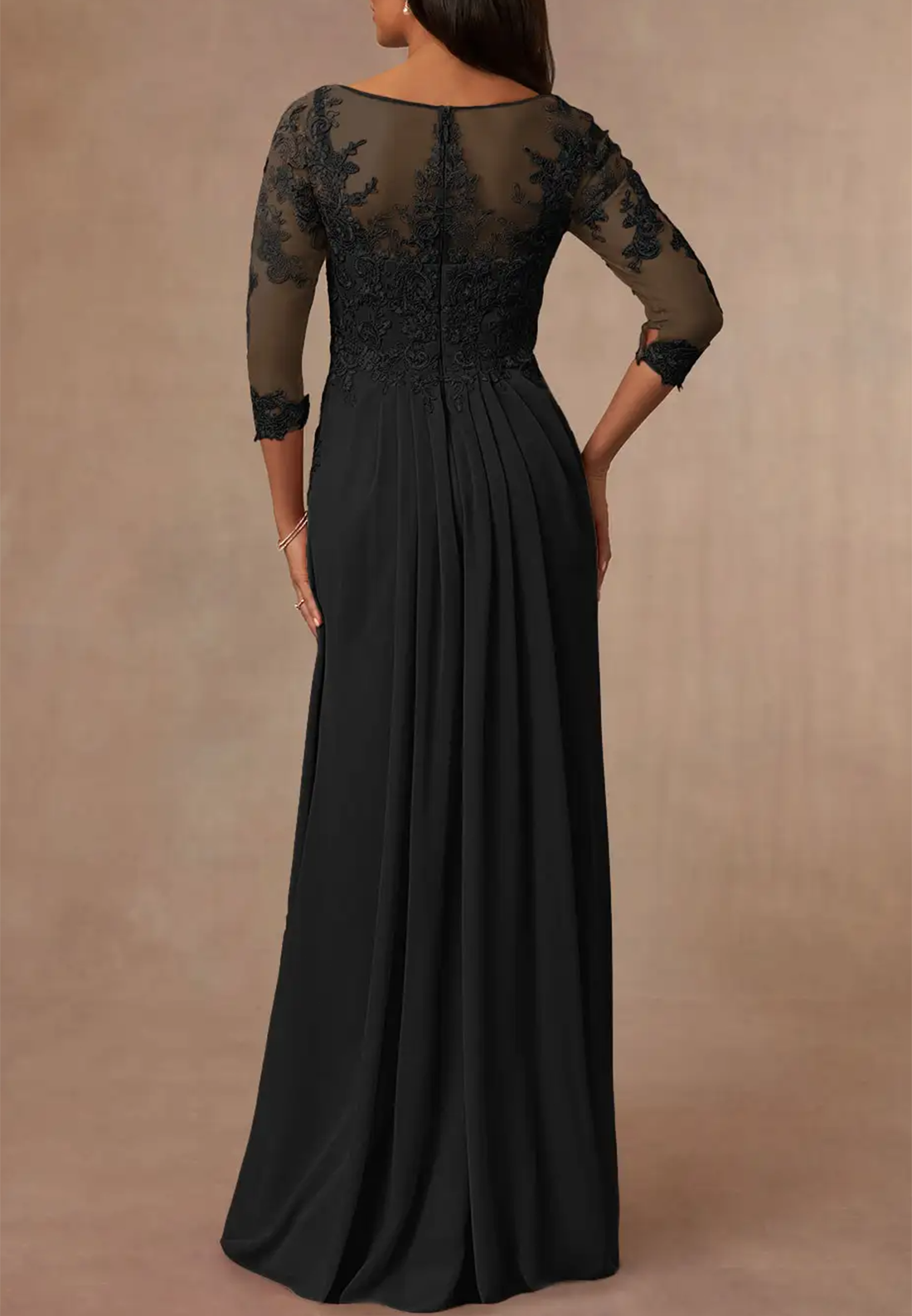 Scoop Appliques Half Sleeves Chiffon Sheath Mother of Bride Dress