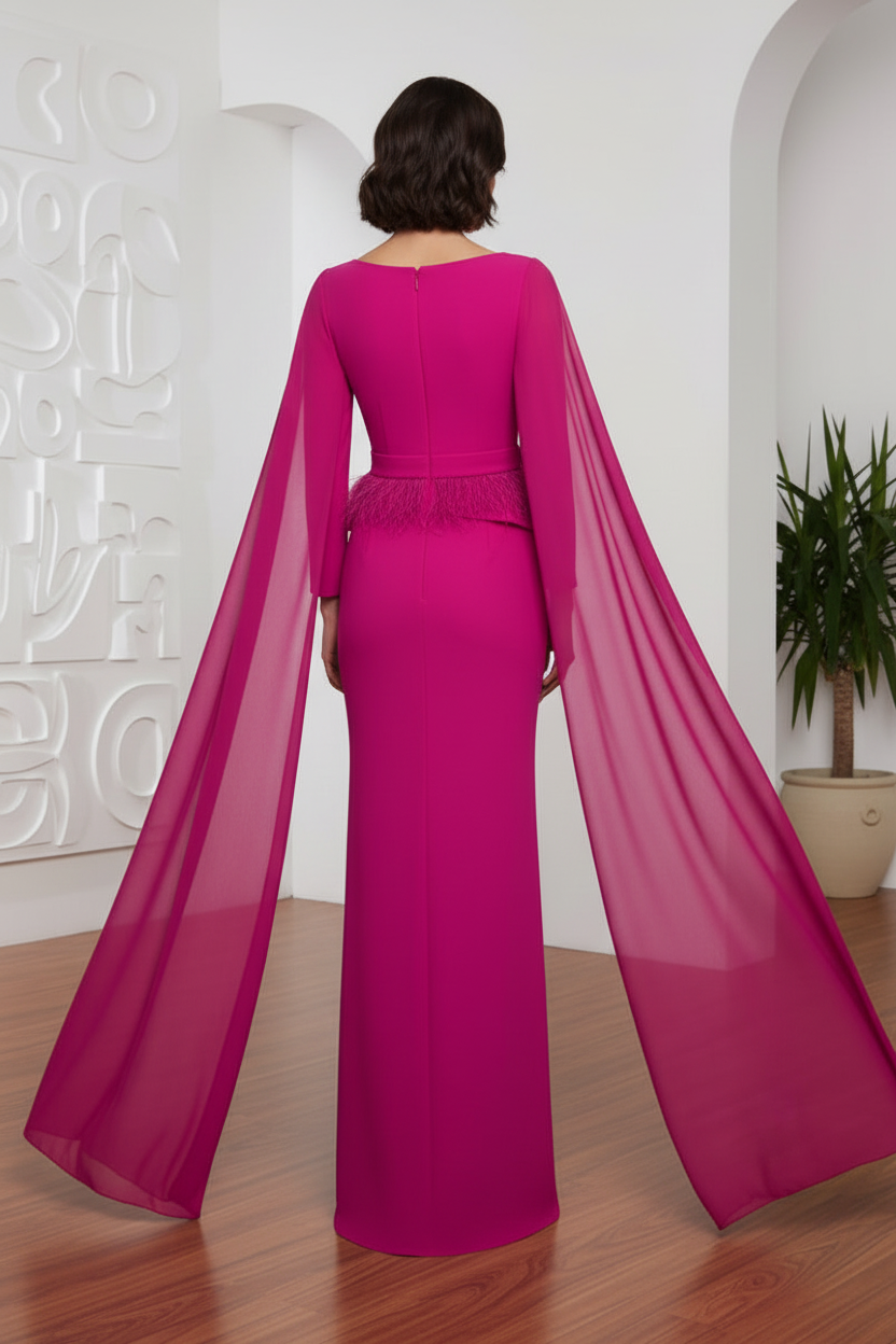 Fuchsia Mother of the Bride Dress with Cape & Feathers