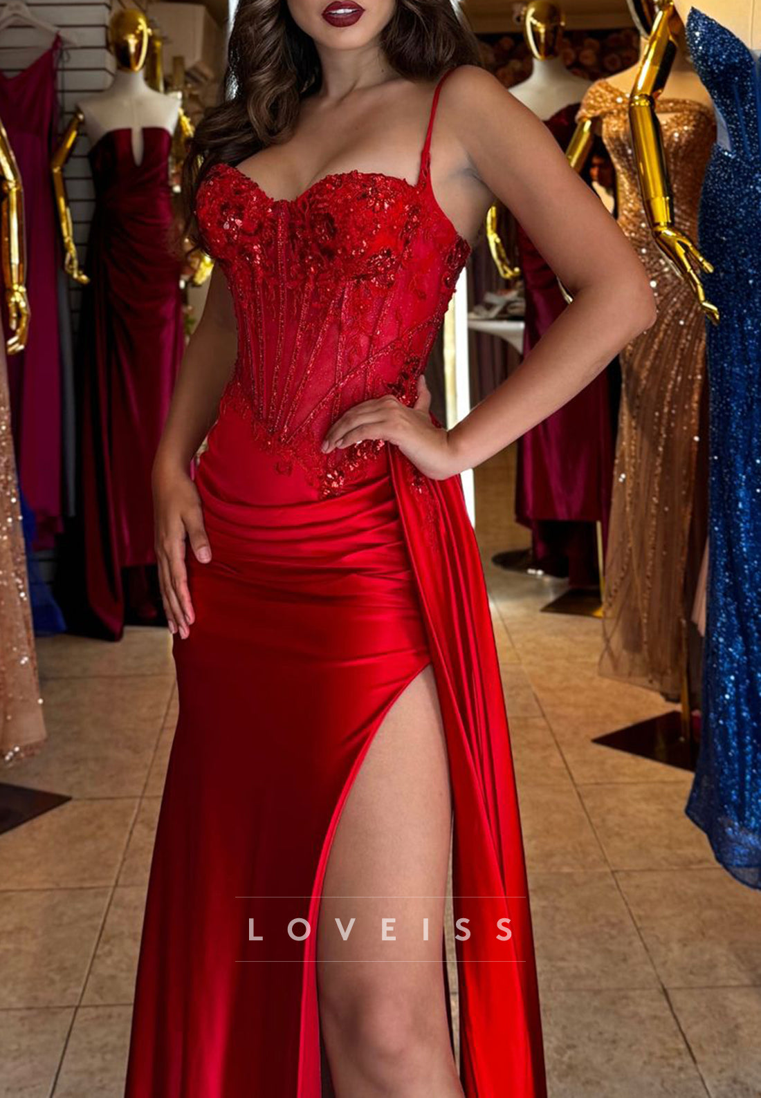 Sweetheart Spaghetti Straps Appliques Ruched Side Slit Sheath Prom Dress