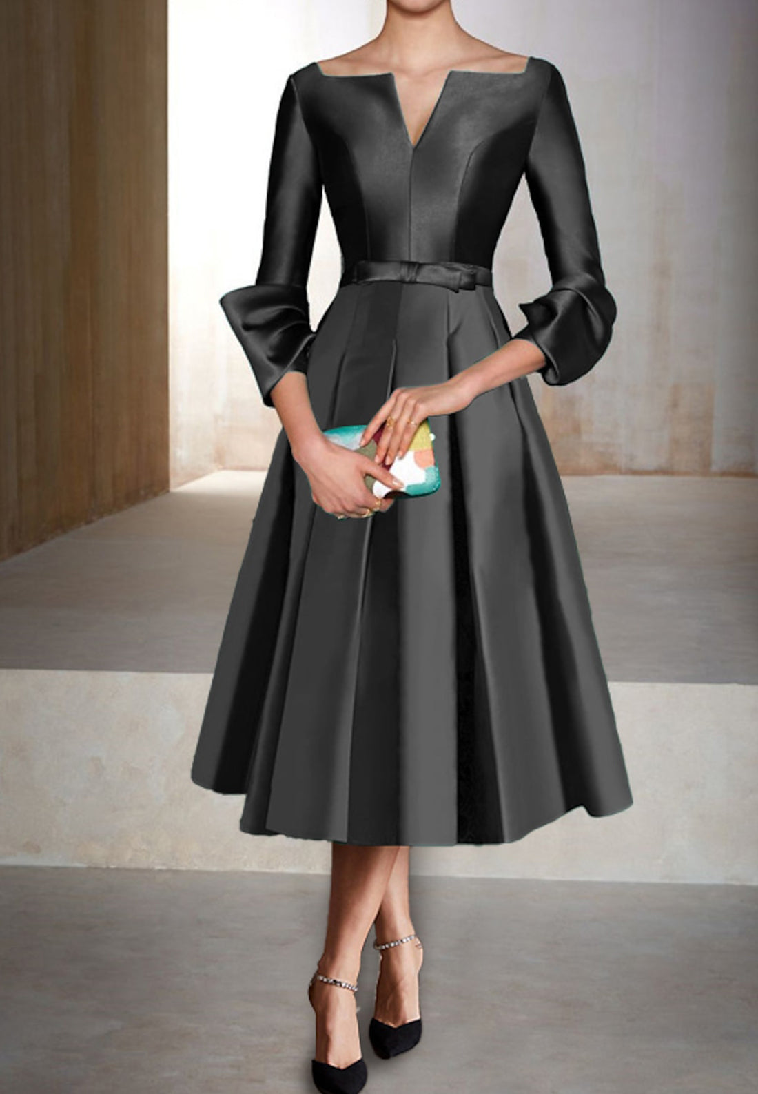 A Line V Neck 3/4 Sleeves Satin Cheap Mother of the Bride Dress Short Formal Dress for Wedding