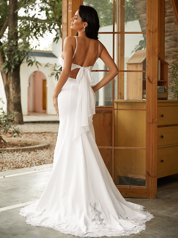 Sheath/Column Stretch Crepe Lace V-neck Sleeveless Sweep/Brush Train Wedding Dresses