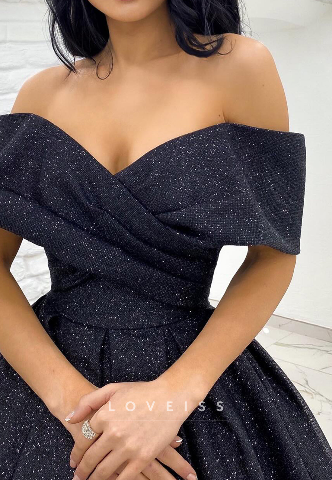Off-Shoulder Strapless Pleated A-Line Sparkly Prom Dress