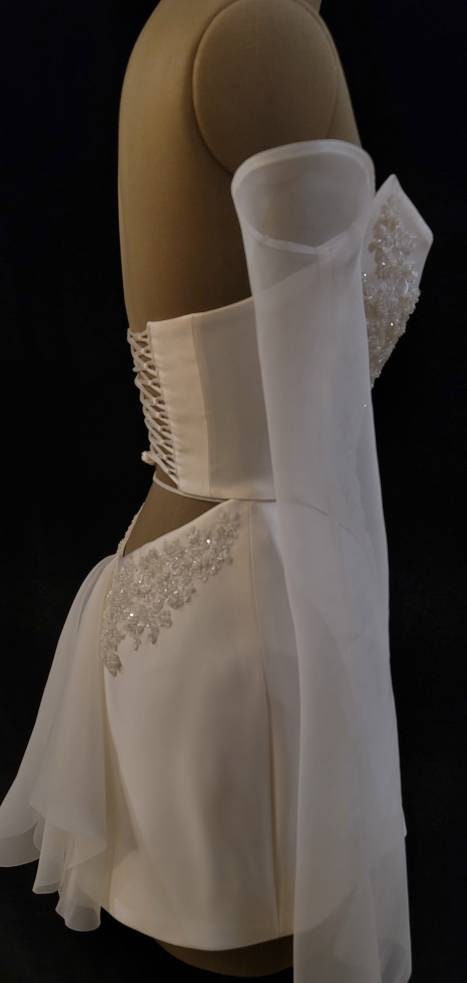 Bridal Cream Pearl Satin Corset Mini Low V Back Skirt Hand Beaded Lace Crystal Embroidered Sheer Long Sleeves Dress