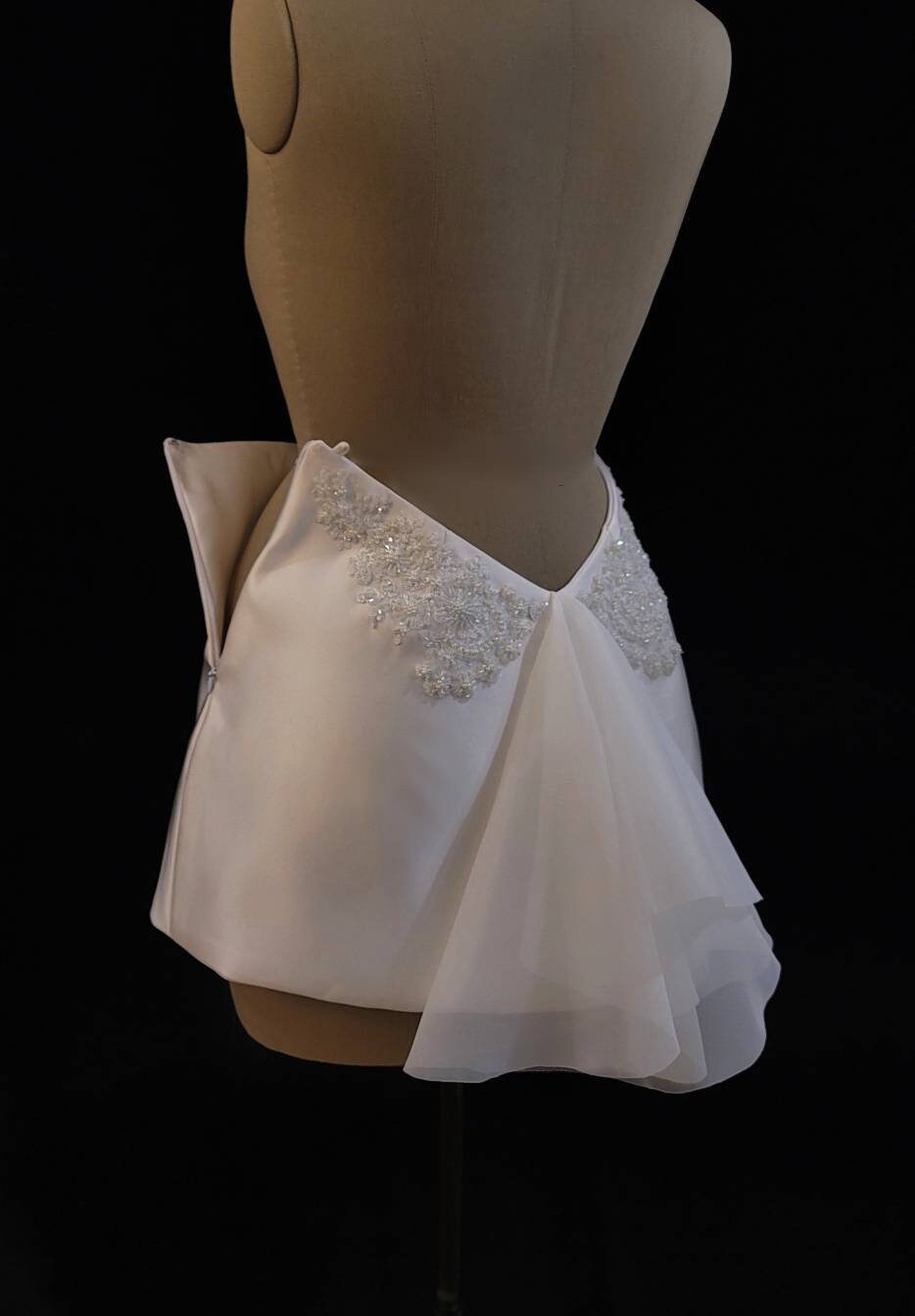 Bridal Cream Pearl Satin Corset Mini Low V Back Skirt Hand Beaded Lace Crystal Embroidered Sheer Long Sleeves Dress
