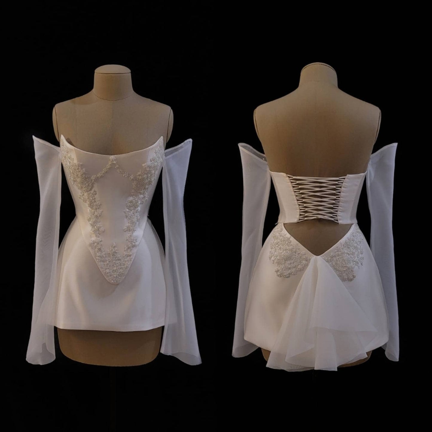 Bridal Cream Pearl Satin Corset Mini Low V Back Skirt Hand Beaded Lace Crystal Embroidered Sheer Long Sleeves Dress