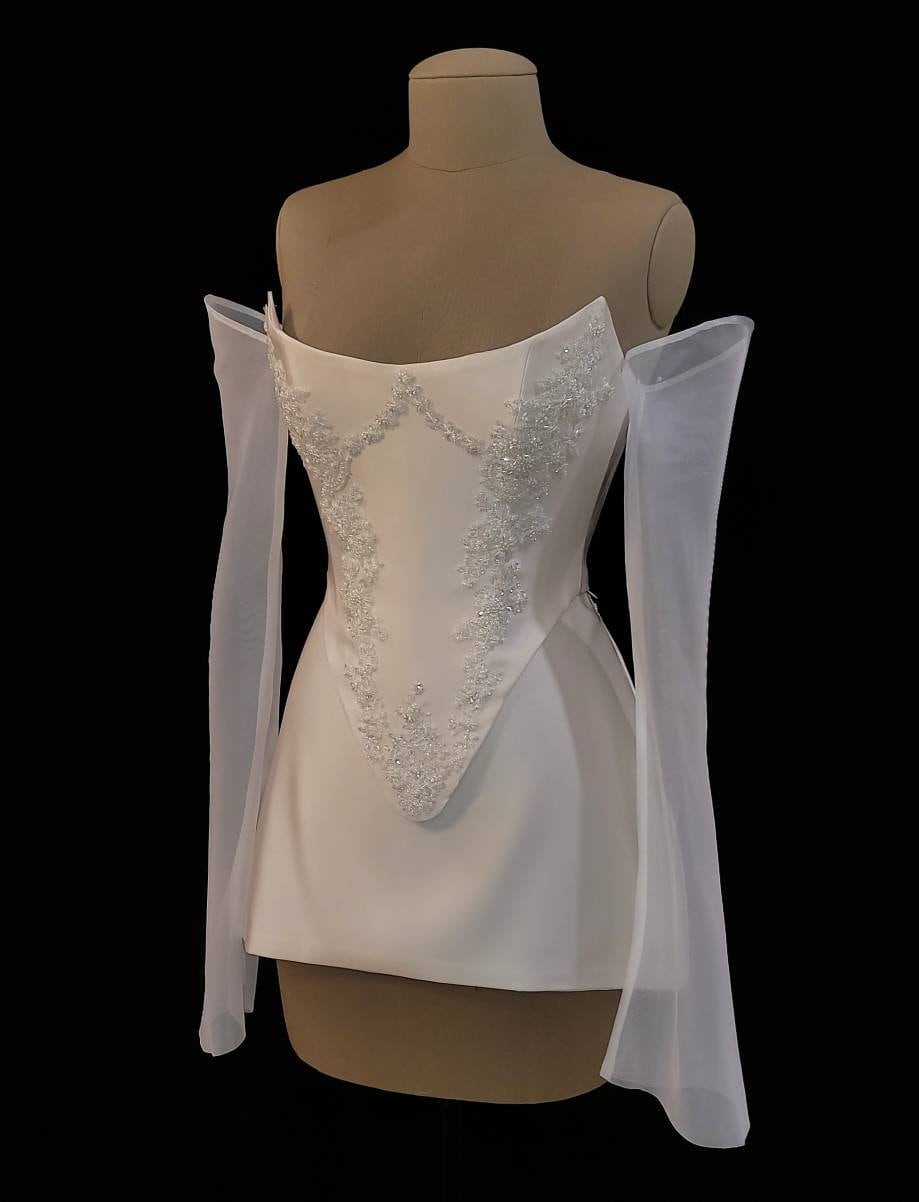Bridal Cream Pearl Satin Corset Mini Low V Back Skirt Hand Beaded Lace Crystal Embroidered Sheer Long Sleeves Dress