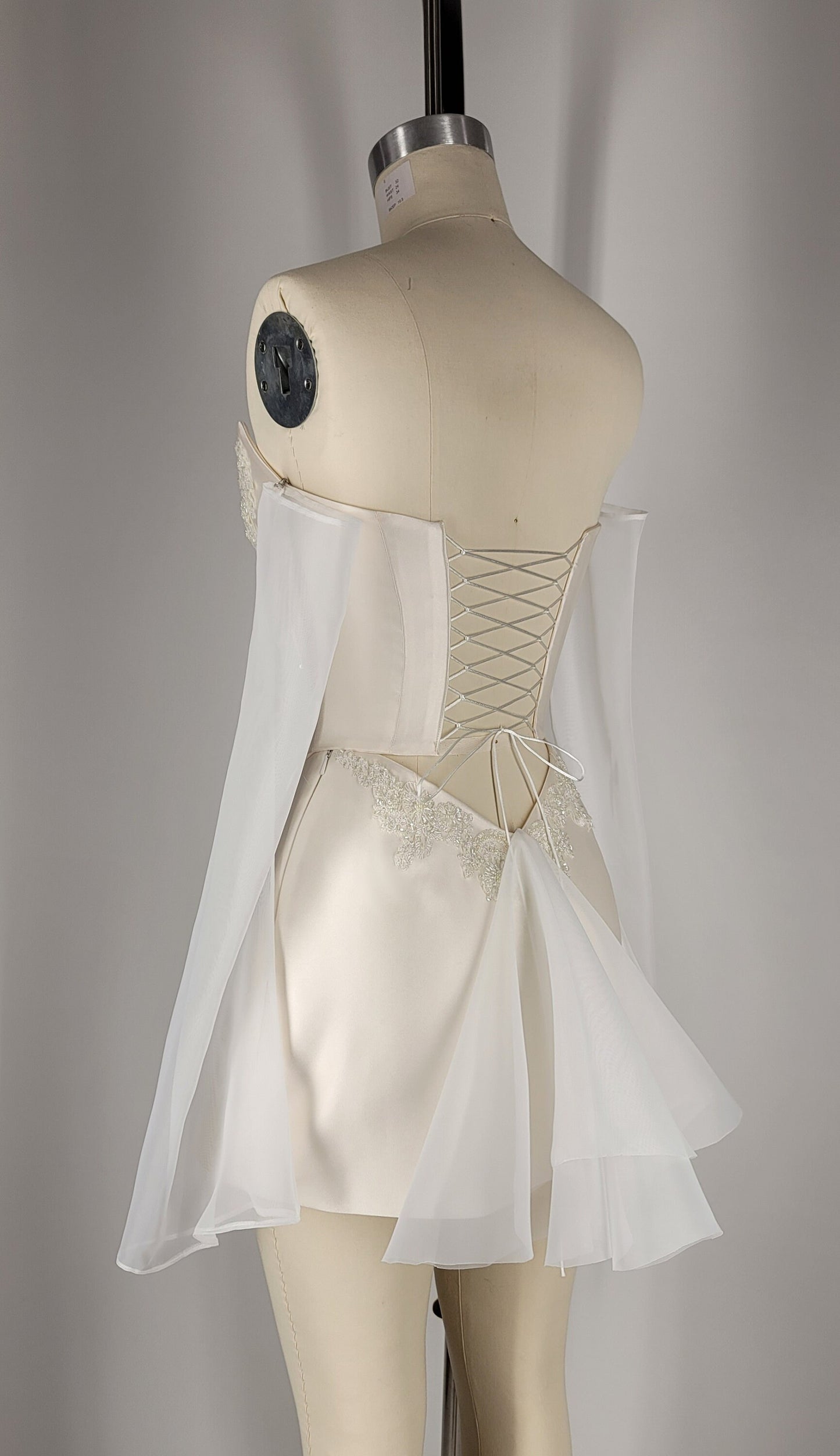 Bridal Cream Pearl Satin Corset Mini Low V Back Skirt Hand Beaded Lace Crystal Embroidered Sheer Long Sleeves Dress