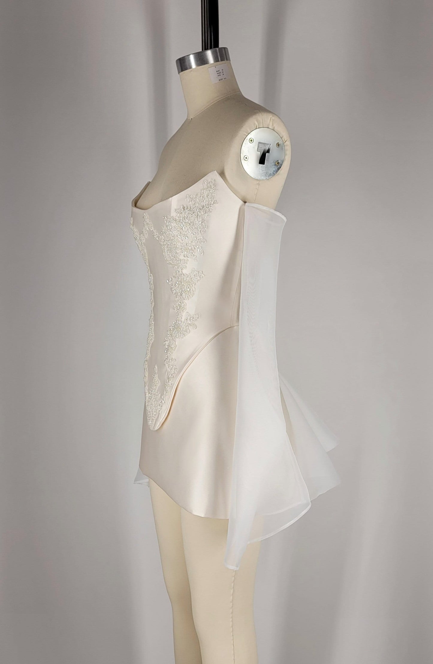Bridal Cream Pearl Satin Corset Mini Low V Back Skirt Hand Beaded Lace Crystal Embroidered Sheer Long Sleeves Dress