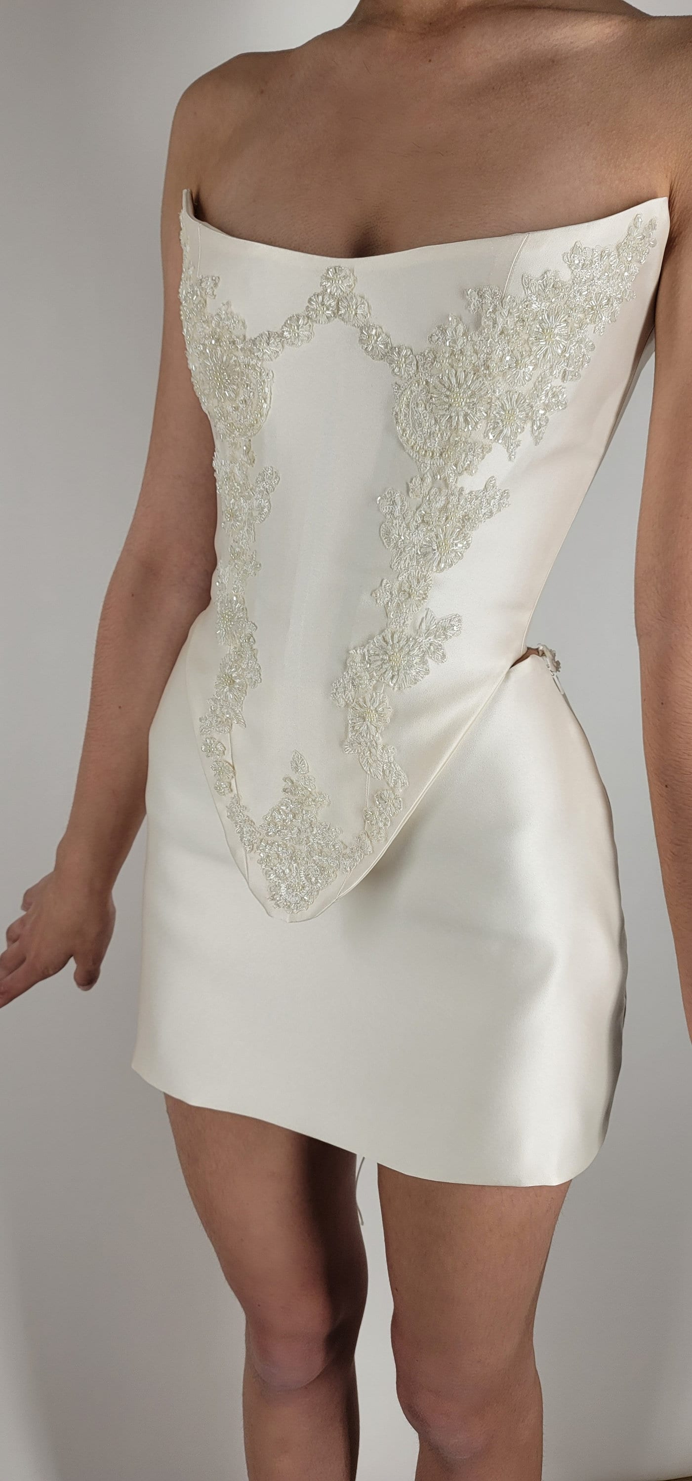 Bridal Cream Pearl Satin Corset Mini Low V Back Skirt Hand Beaded Lace Crystal Embroidered Sheer Long Sleeves Dress