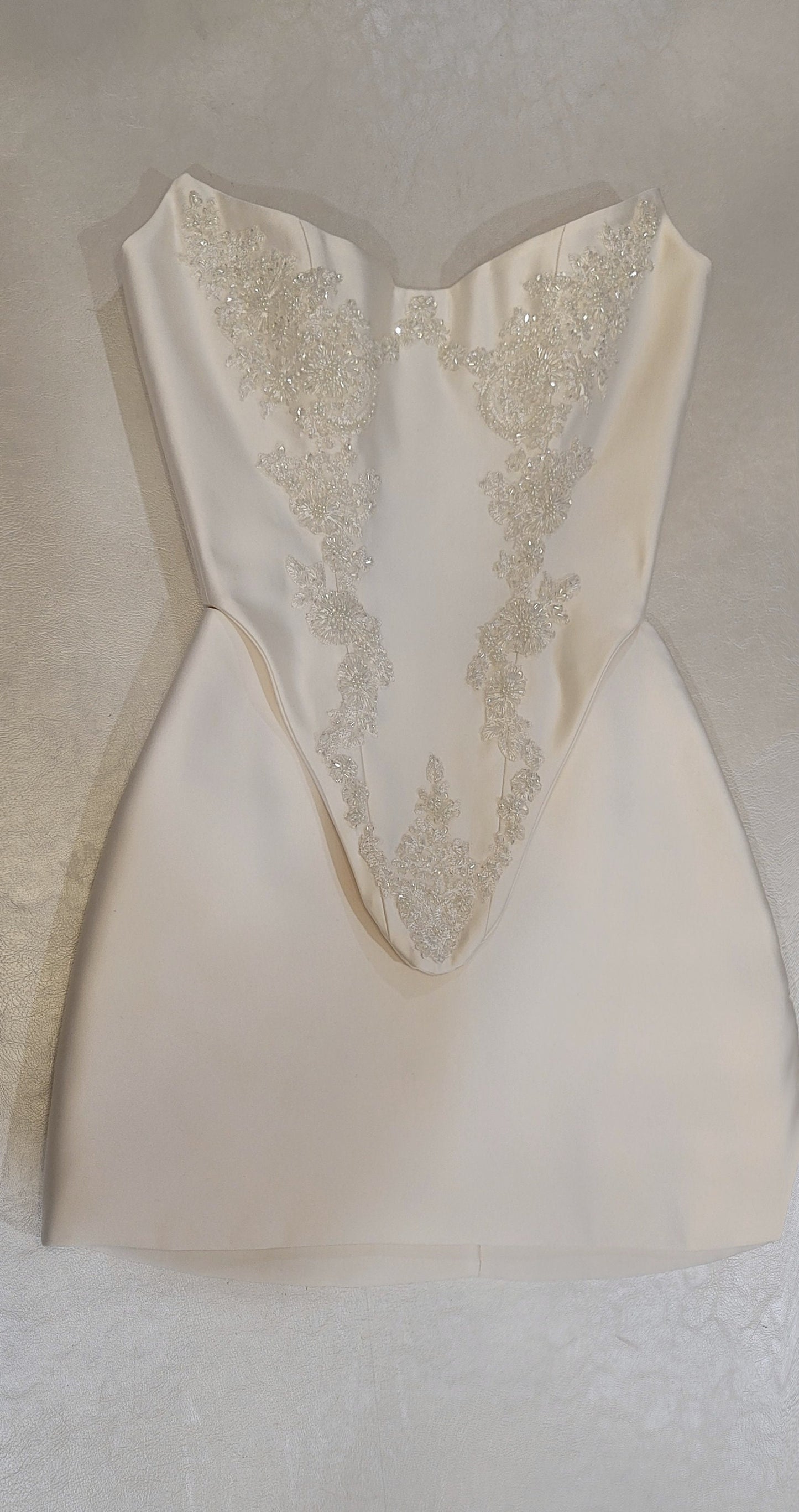 Bridal Cream Pearl Satin Corset Mini Low V Back Skirt Hand Beaded Lace Crystal Embroidered Sheer Long Sleeves Dress