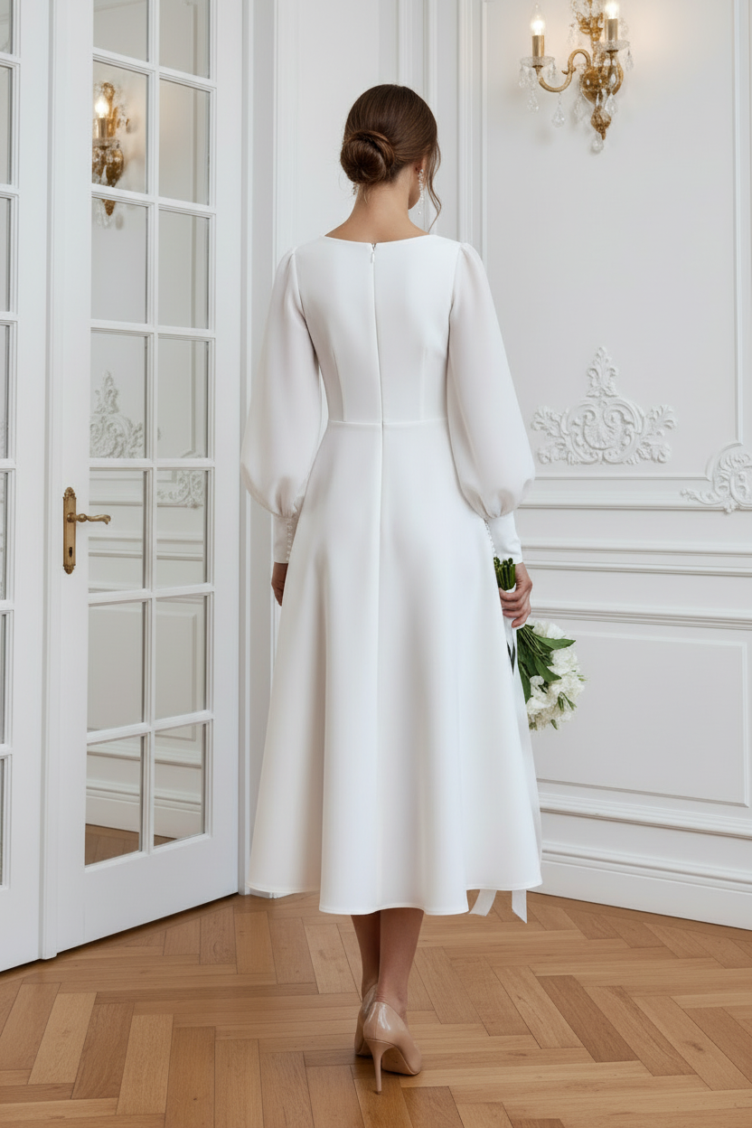V-Neck Tea Length Wedding Dress with Sleeves