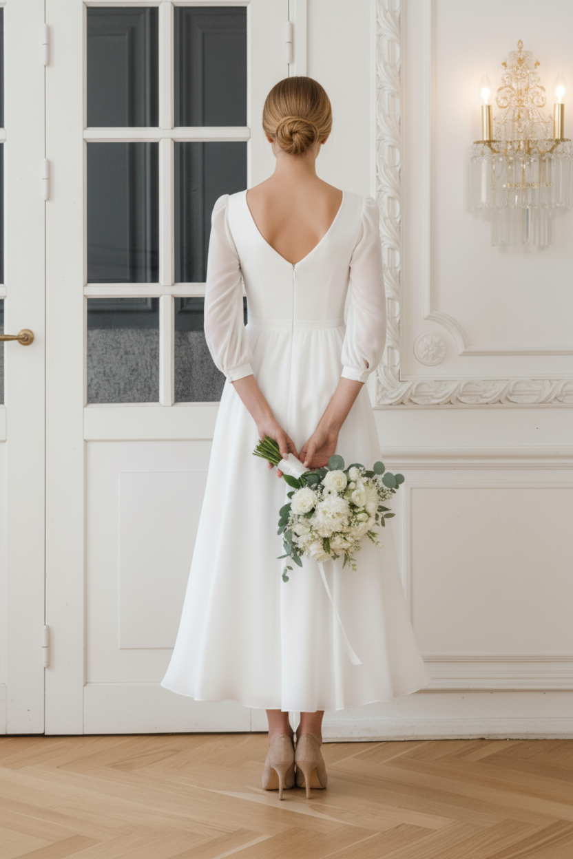 V-Neck Tea Length Wedding Dress with Sleeves
