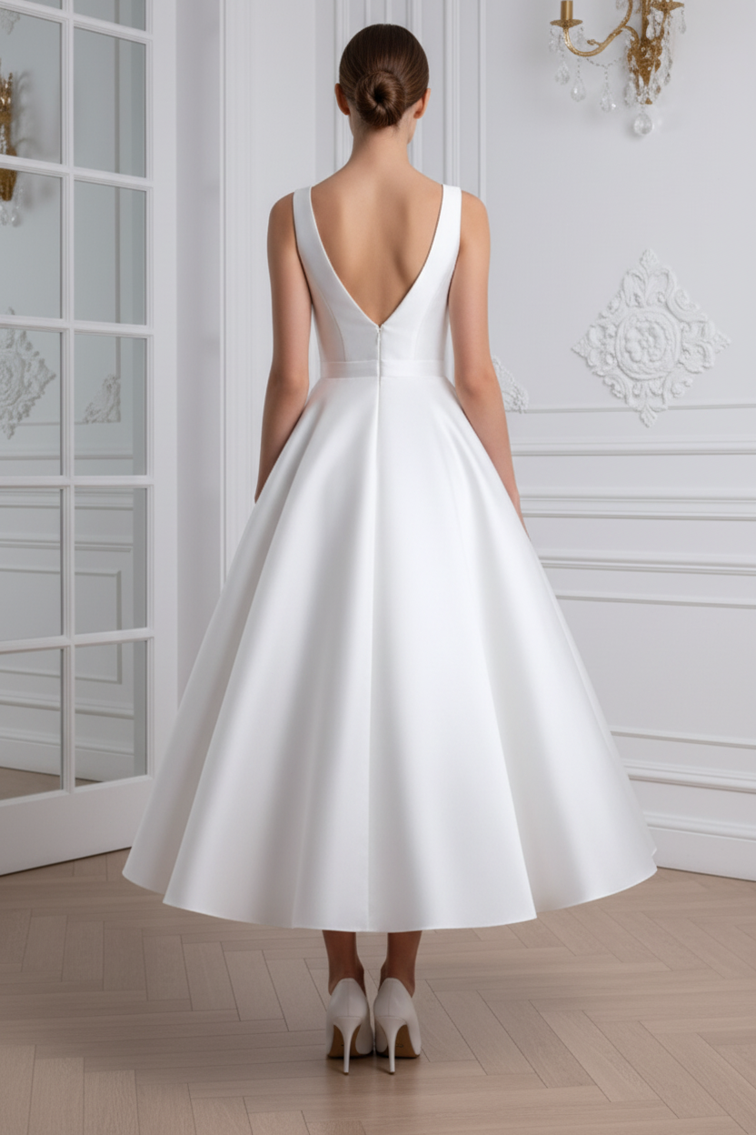 Mikado Satin V-Neck Tea Length Pockets