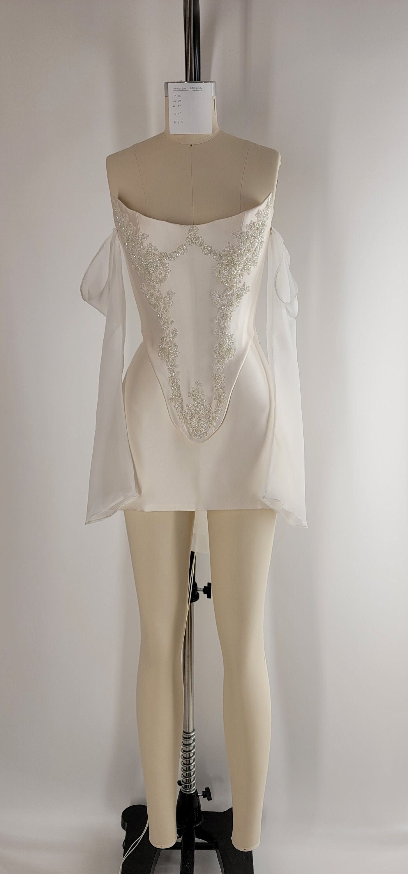 Bridal Cream Pearl Satin Corset Mini Low V Back Skirt Hand Beaded Lace Crystal Embroidered Sheer Long Sleeves Dress