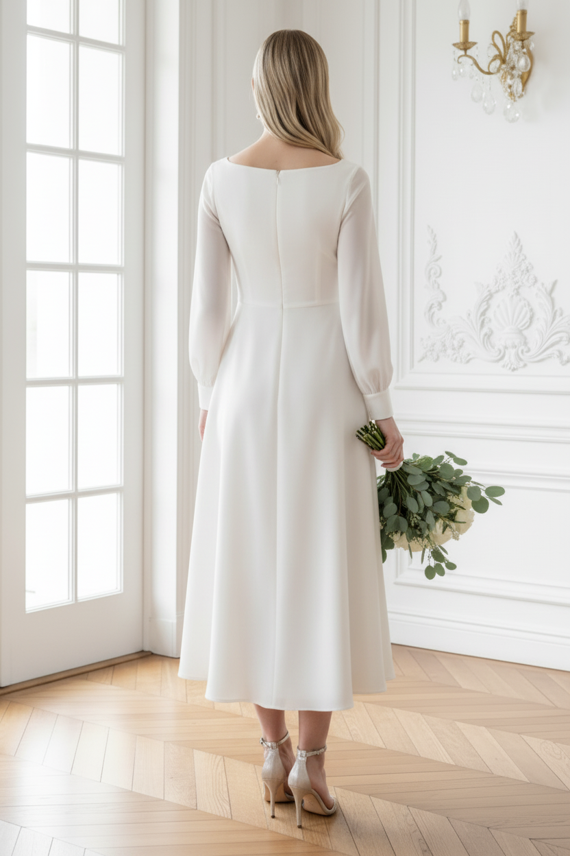 Midi Wedding Dress Chiffon Sleeves A-Line Bridal Gown