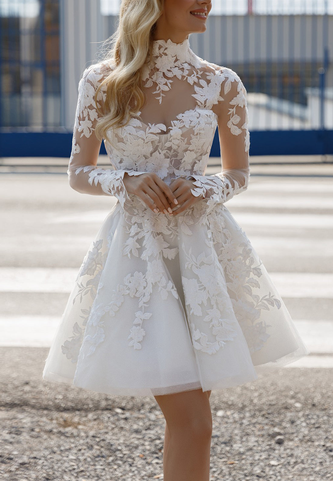 High Neck Long Sleeves Lace Appliques Pleated Short A-Line Wedding Dre Loveiss High Neck Long Sleeves Lace Appliques Pleated Short A-Line Wedding Dre Loveiss