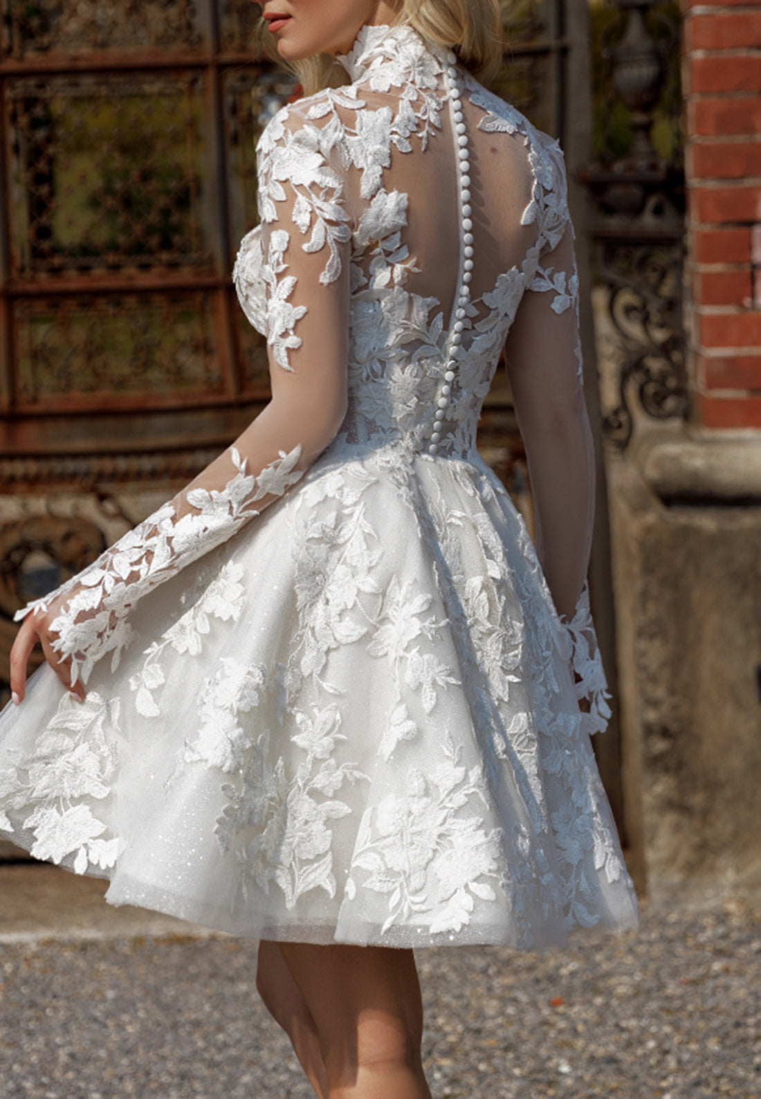 High Neck Long Sleeves Lace Appliques Pleated Short A-Line Wedding Dress