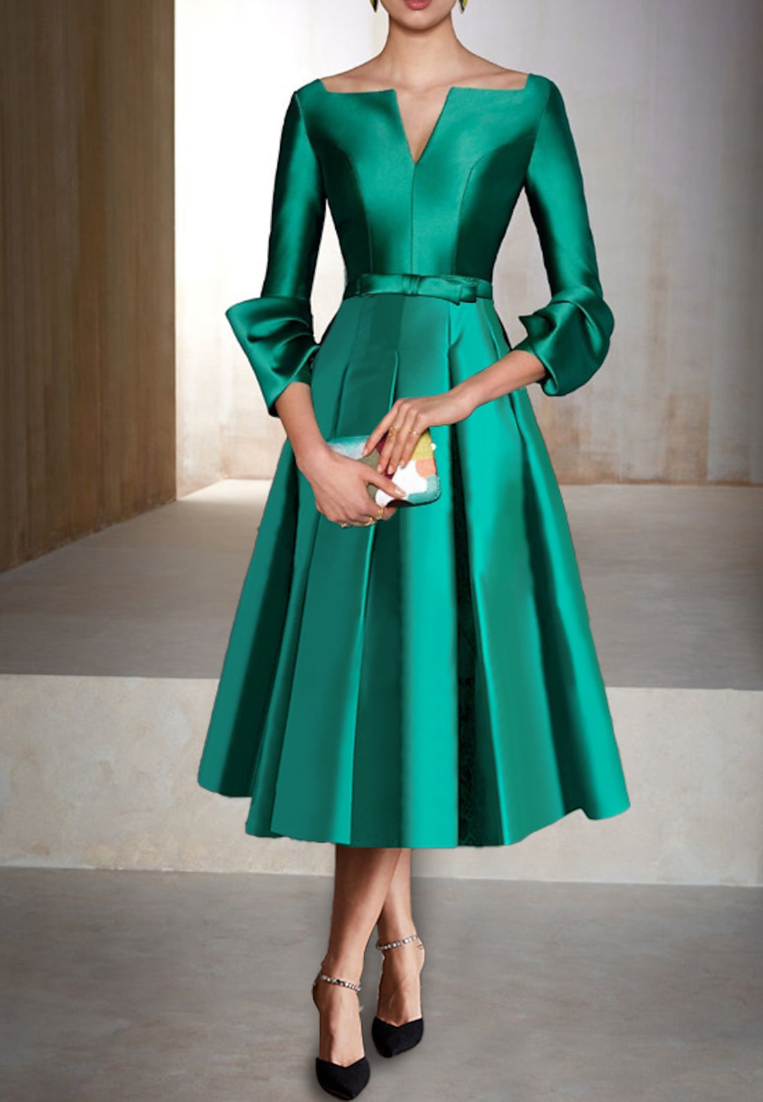 A Line V Neck 3/4 Sleeves Satin Cheap Mother of the Bride Dress Short Formal Dress for Wedding