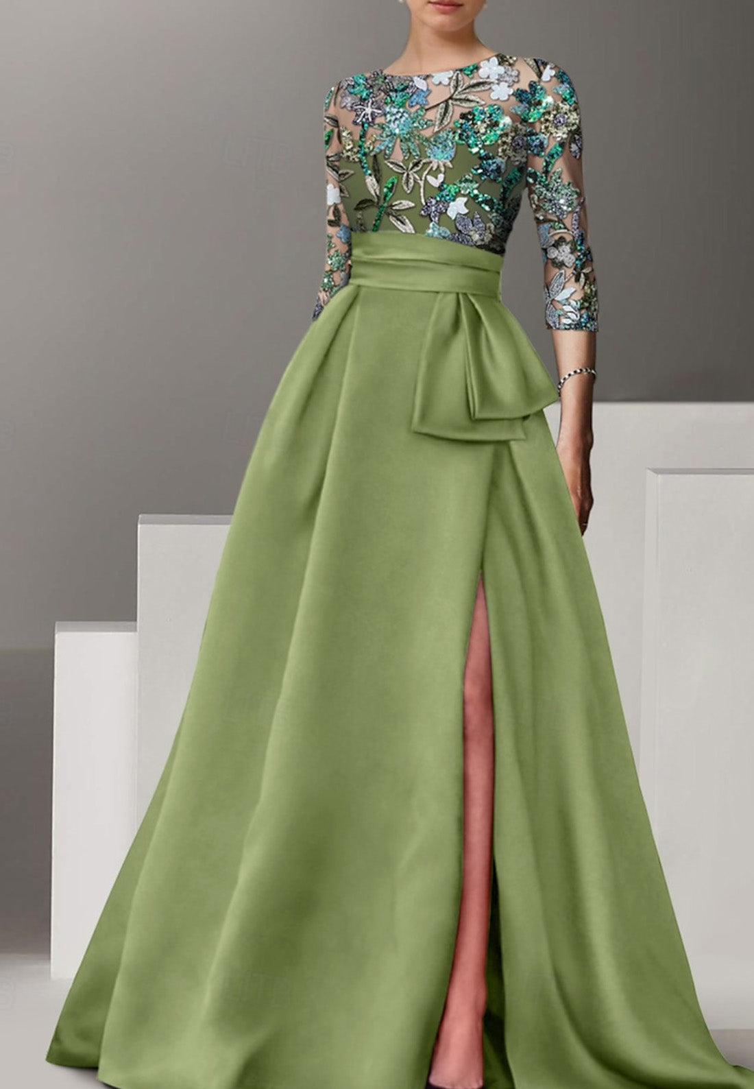 Green Floral Embroidered A-Line Evening Gown Elegant Dress Half Sleeve with Bow