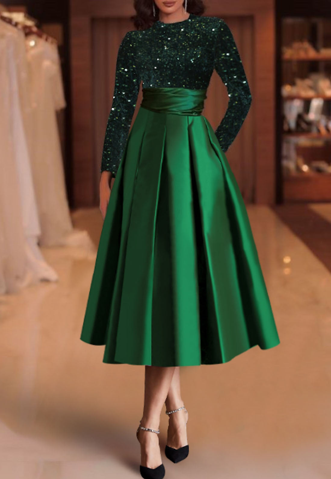 A Line High Neckline Sequins Long Sleeves Mother of the Bride Dress with Pockets