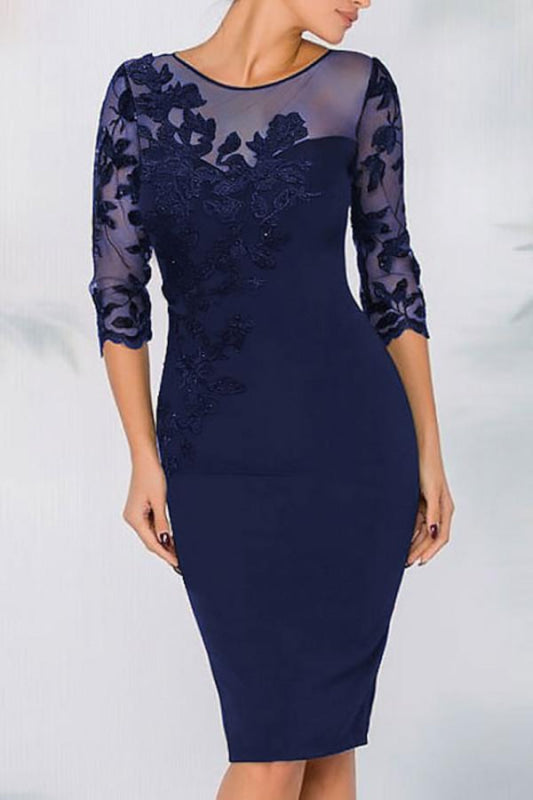 Jewel Neck Column Floral Lace Mother of the bride Dresses Half Sleeves