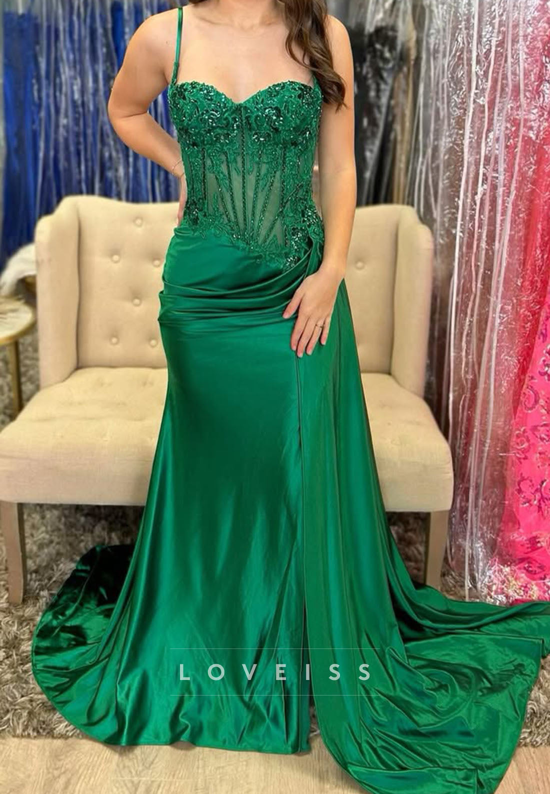 Sweetheart Spaghetti Straps Appliques Sheath Prom Dress