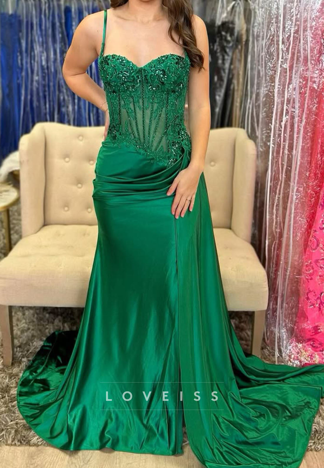 Sweetheart Spaghetti Straps Appliques Sheath Prom Dress