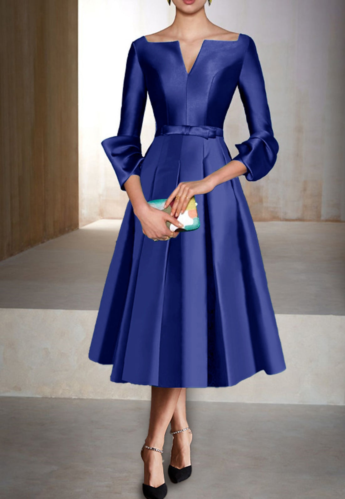 A Line V Neck 3/4 Sleeves Satin Cheap Mother of the Bride Dress Short Formal Dress for Wedding