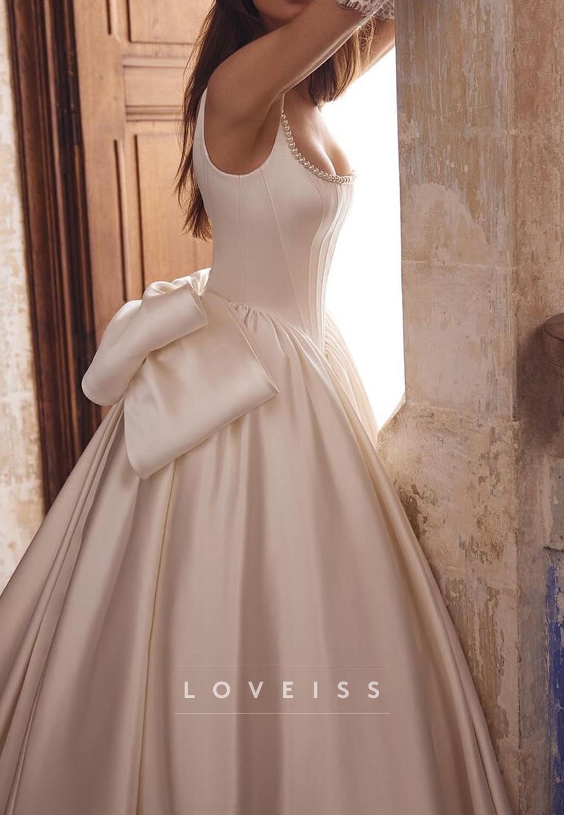 Scoop Straps Bowknot Pleated Satin A-Line Wedding Dress