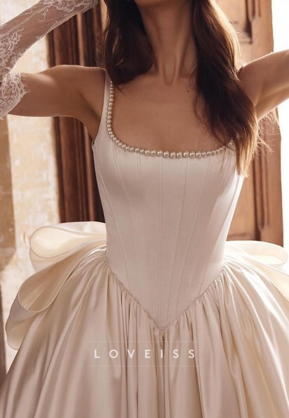 Scoop Straps Bowknot Pleated Satin A-Line Wedding Dress