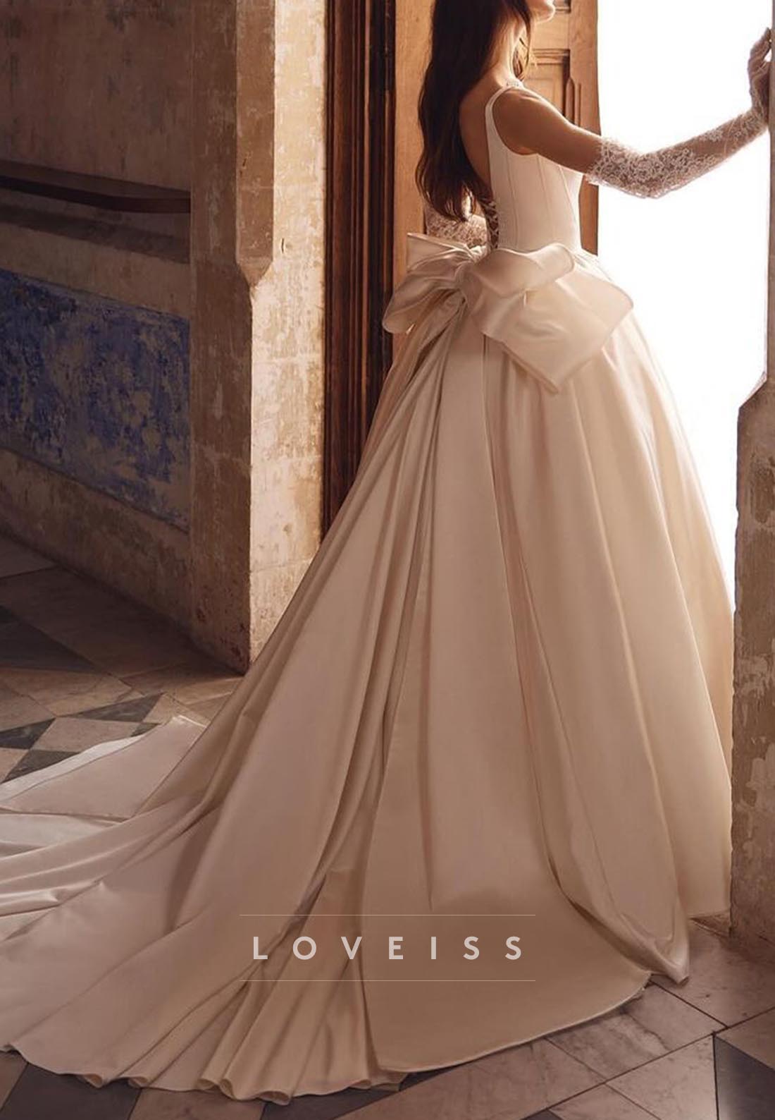 Scoop Straps Bowknot Pleated Satin A-Line Wedding Dress