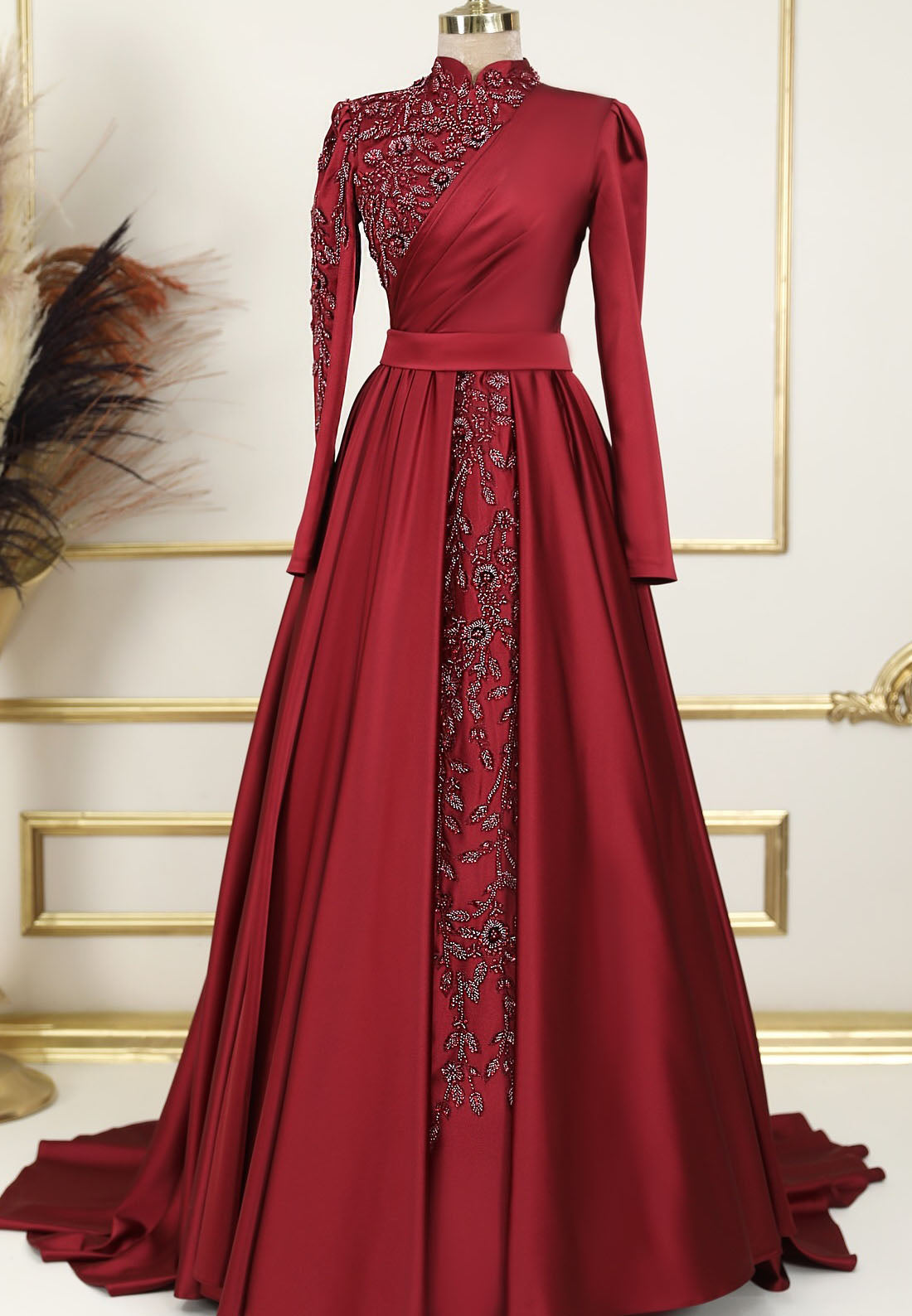 High Neck Long Sleeves Beaded Pleated A-Line Mother of Bride Dress